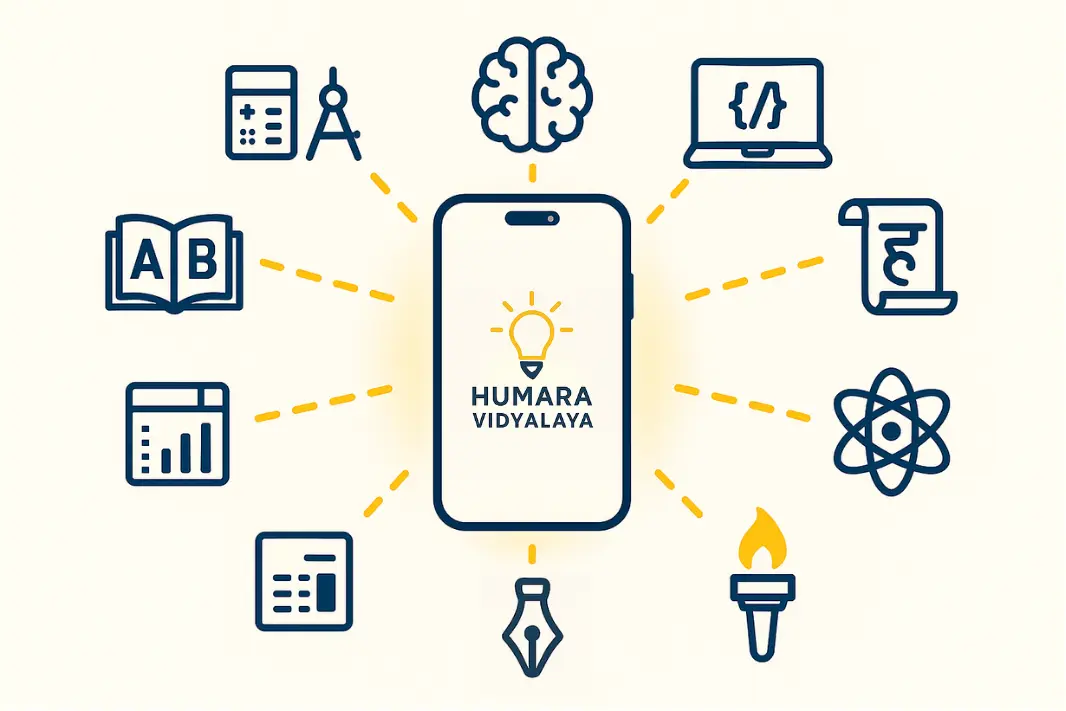 Humara Vidyalaya students engaged in online learning - mobile view showing interactive educational platform with courses and expert instructors